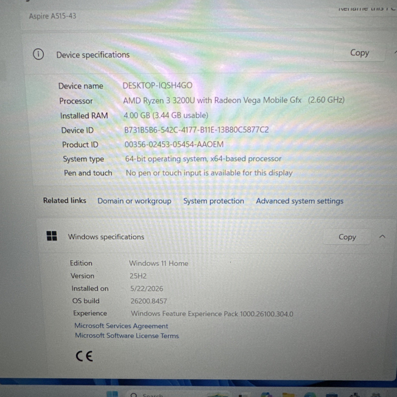 Acer Aspire 5 A515-43 Ryzen 3 3200U 4GB DDR4 RAM 128GB WIN 11 *bad Trackpad