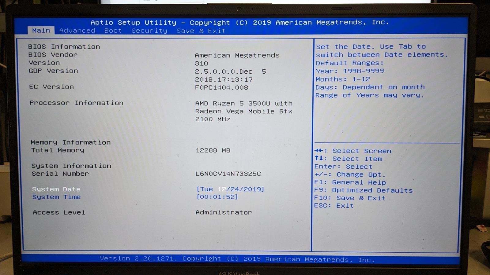 ASUS VIVOBOOK F512D RYZEN 5 3500U @ 2.10GHz, 12GB RAM, NO HDD/OS