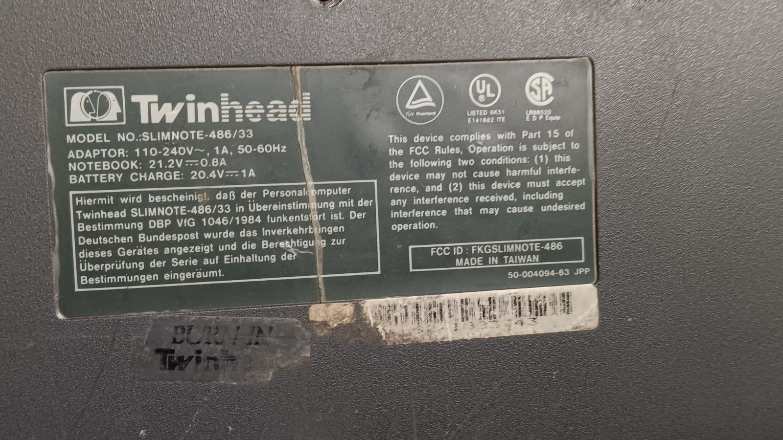 Vintage 1992 Twinhead SlimNote 486/33 Laptop Intel 486DX @ 33MHz processor Parts