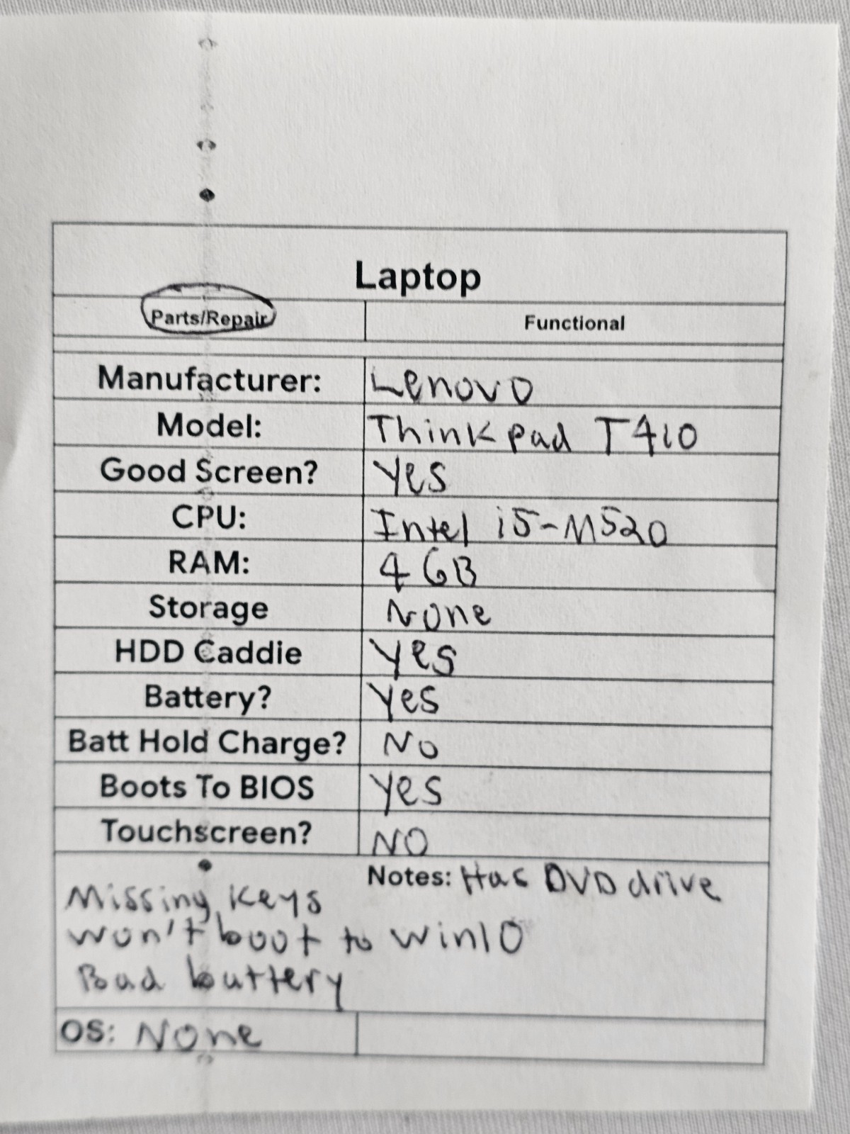 Lenovo ThinkPad T410 Laptop – i5-M520 – 4GB RAM – BAD BATT – Parts/Repair – READ