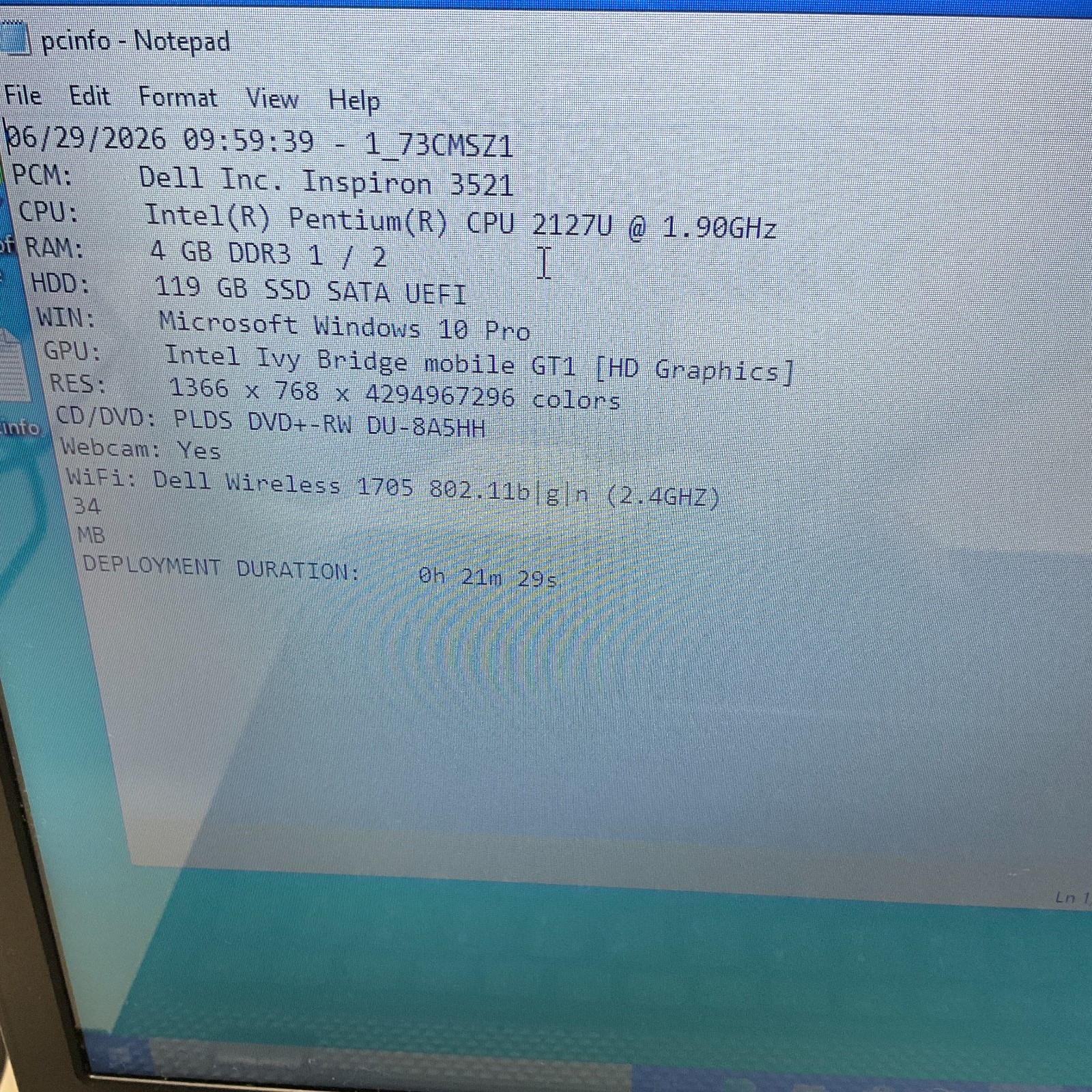 Dell Inspiron 3521 Laptop Intel Pentium 2127U 1.90 GHz 4GB 128GB SSD Win 10 Pro