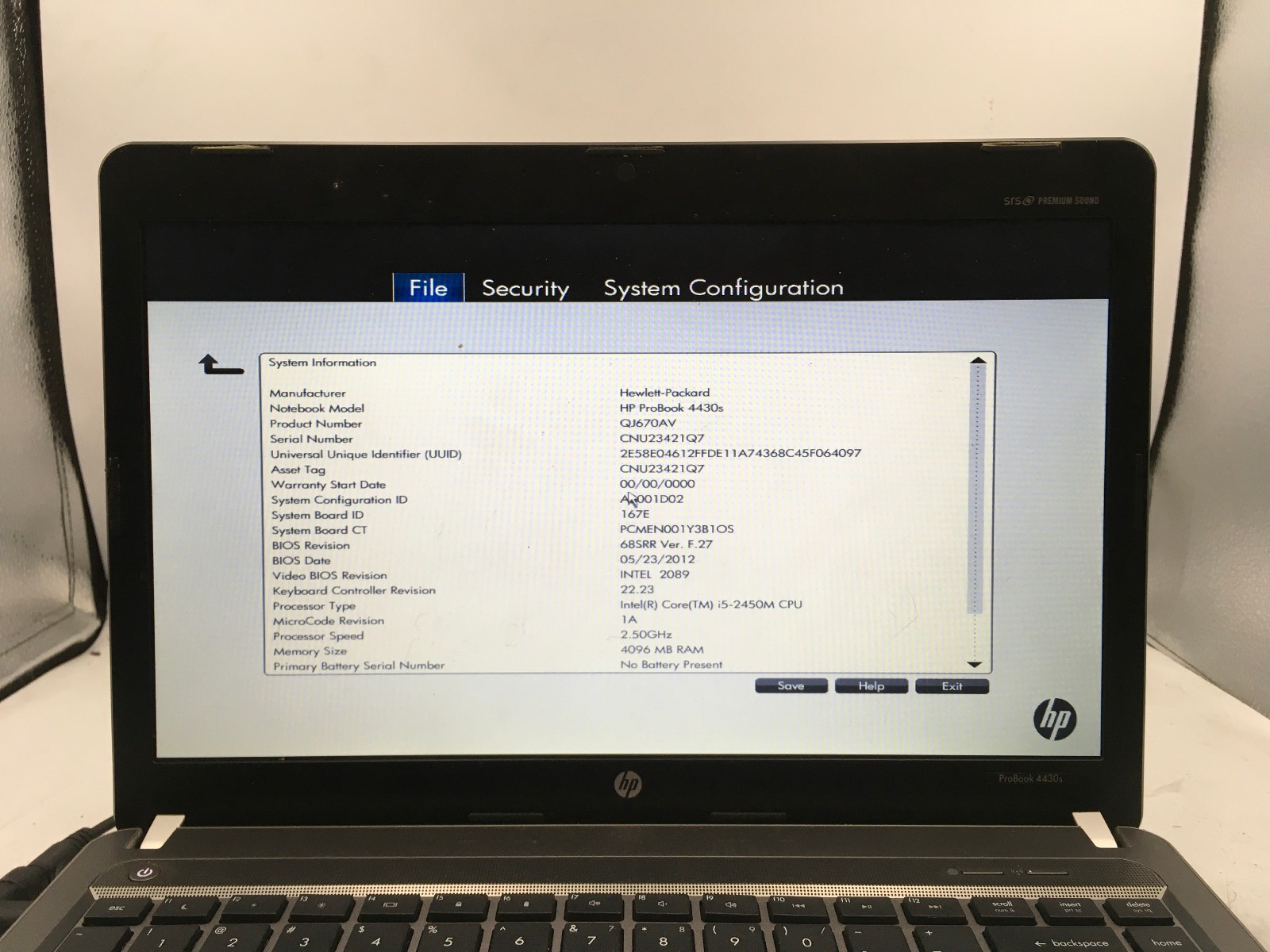 HP PROBOOK 4430s – BOOTS TO BIOS – INTEL I5 2450M – 4GB RAM -READ DESCRIPTION-BB