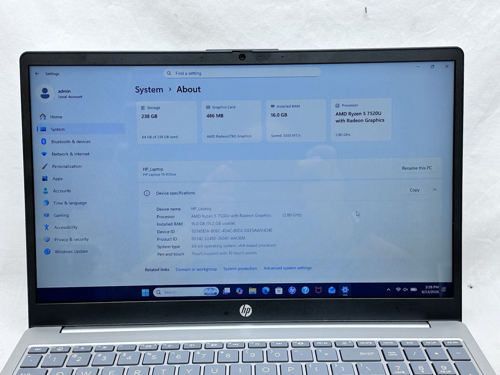 HP Laptop 15-fc0xxx 15.6” Ryzen 5 7520U 16GB Win 11 Home Silver Touchscreen