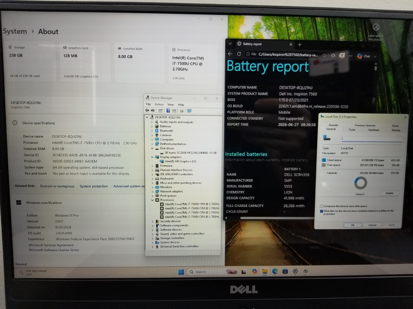 Dell Inspiron 7560 15.6″ FHD i7-7500U 2.7GHz 8GB RAM 256GB M.2 SSD Win11Pro READ