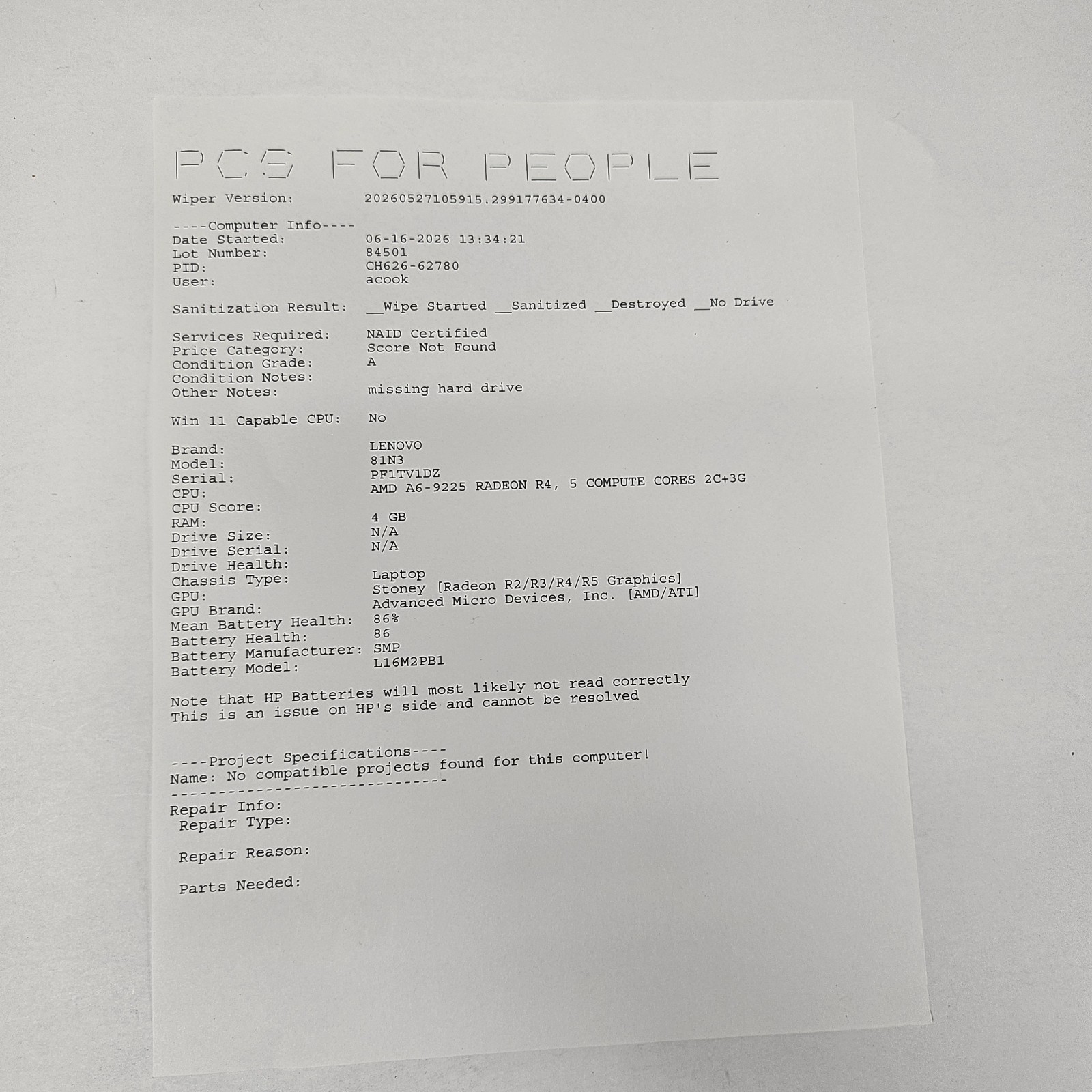 Lenovo IdeaPad S145-15AST 15.6″ AMD A6-9225 4GB RAM No SSD