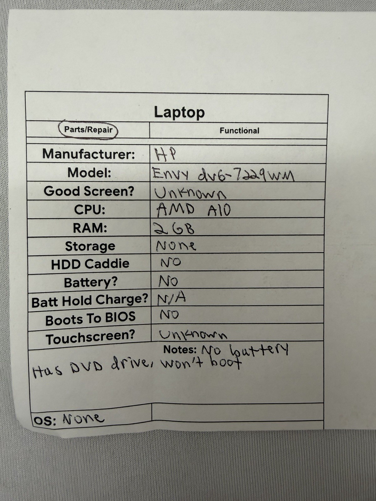 HP ENvy dv6-7229wm Laptop – AMD A10 – RAM 2GB – Read Desc