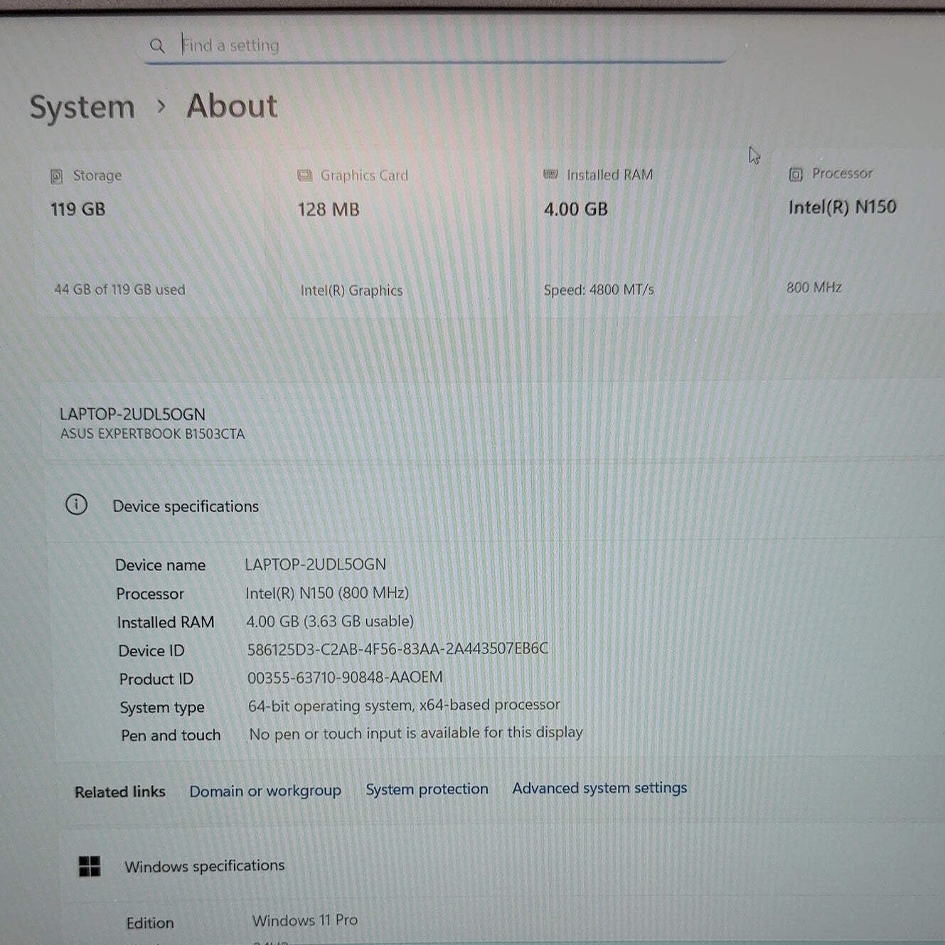 Asus ExpertBook B1 B1503CTA 15.6″ N150 0.8GHz 4GB RAM 128GB SSD