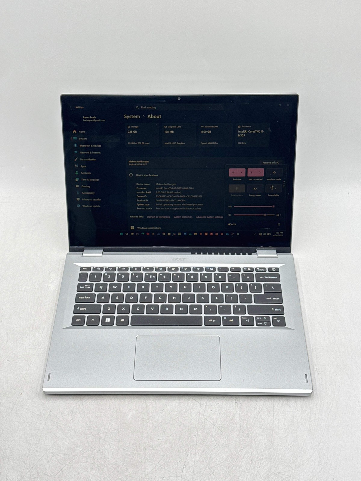 Acer Aspire 3 Spin 14 i3-N305 8GB RAM 256GB SSD 14″ Silver 2-in-1 Laptop