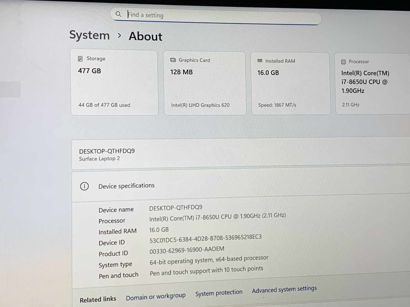 MICROSOFT SURFACE 2 1769 I7- 8650U@ 1.90GHZ 16GB RAM 512GB NVMe W11P W/AC *READ