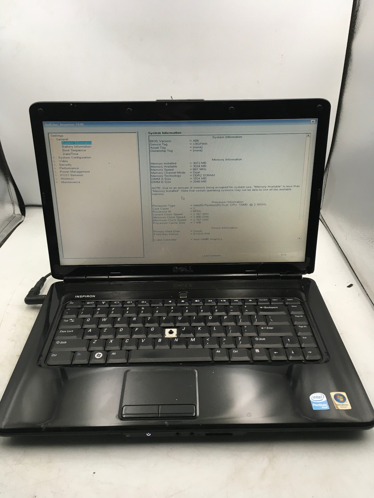 DELL INSPIRON 1545 – BOOTS TO BIOS – INTEL PENTIUM T3400 – 3GB RAM -READ DESC-BB