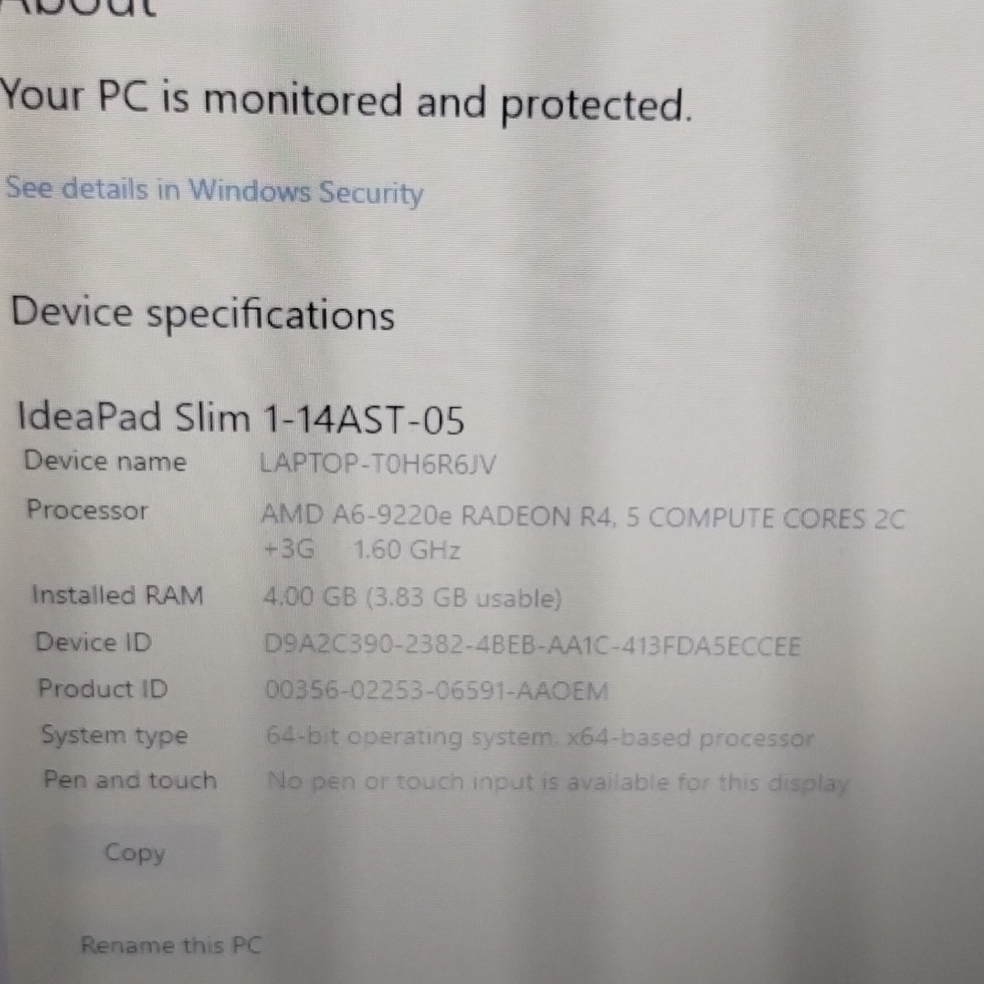 Lenovo IdeaPad Slim 1-14AST-05 AMD A6-9220e 4GB 56.9GB SSD 14in Win10 Silver