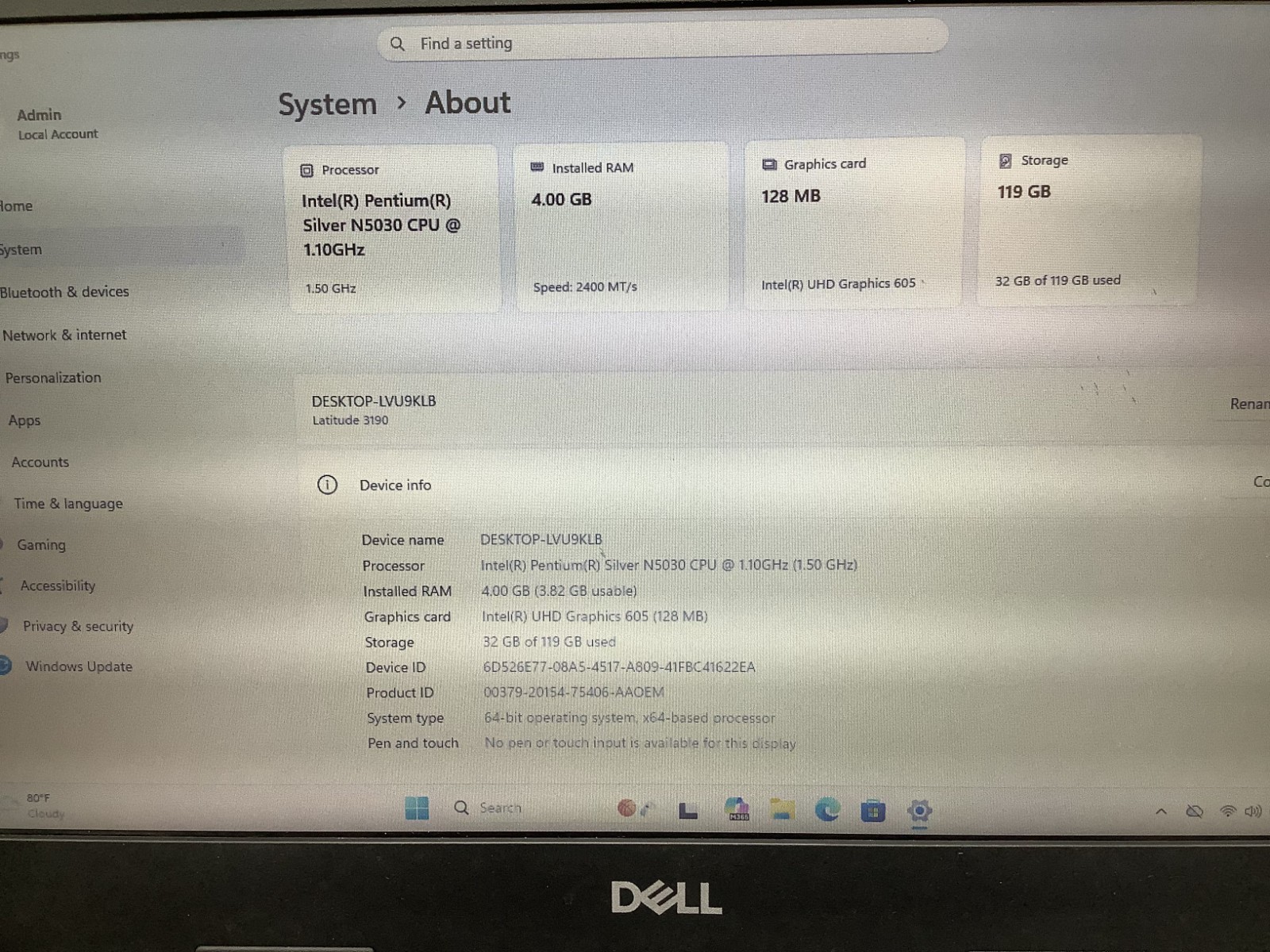 Dell Latitude 3190 11.6″ Pentium Silver N5030 @ 1.7GHz 4GB RAM 128GB SSD WIndows