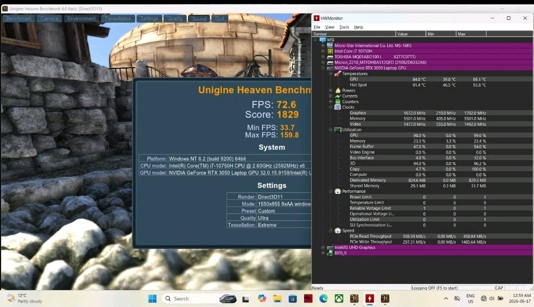 MSI GF63 Thin 10UC Gaming Laptop, Intel i7 RTX 3050 512GB 16GB RAM 144Hz, Win 11