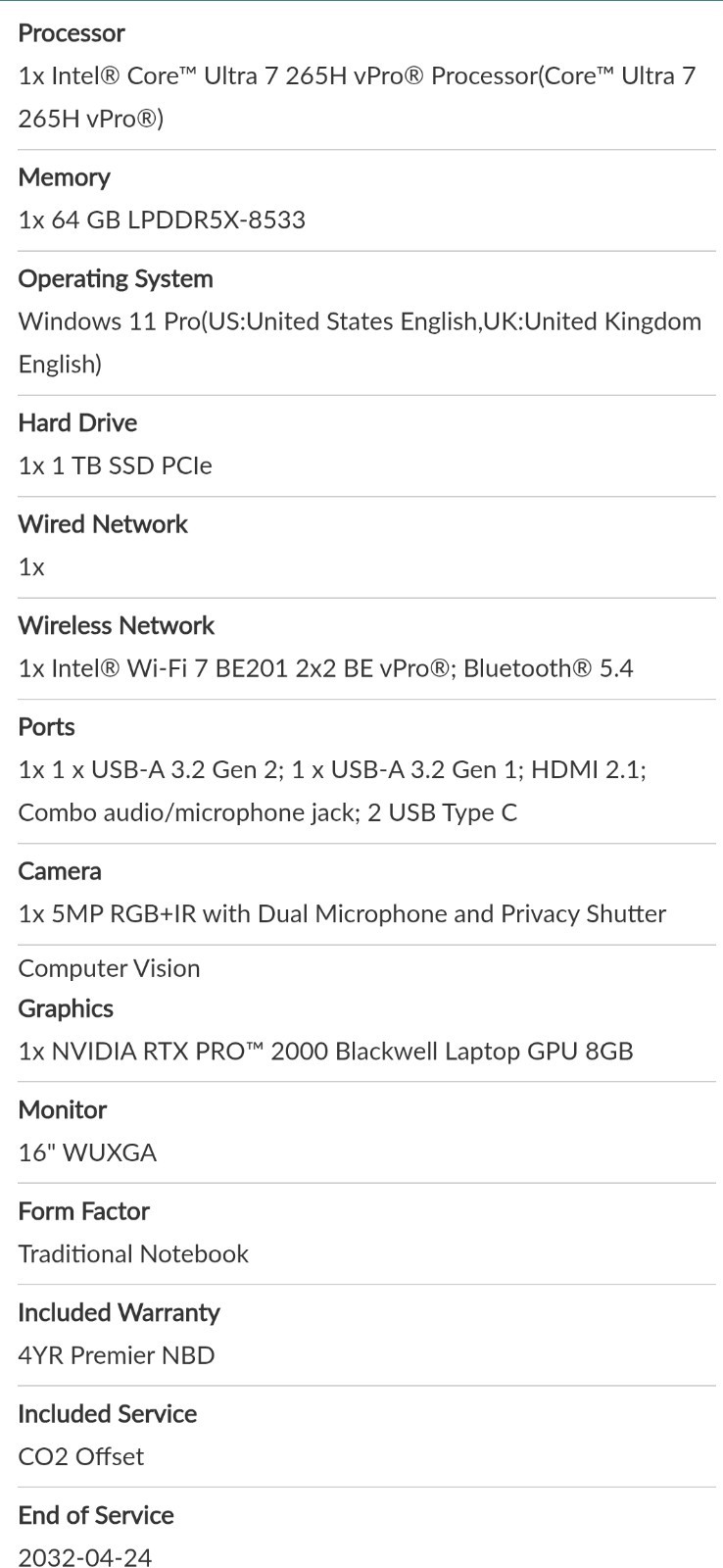Lenovo ThinkPad P1 Gen 8 16″ Ultra 7 265H 64GB RAM, 1TB, RTX PRO 2000, 4 YR WTY