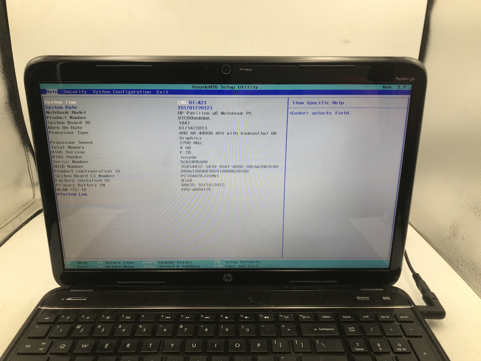 HP PAVILION G6 2320DX – BOOTS TO BIOS – AMD A6 4400M – 4GB RAM – READ DESC – BB!