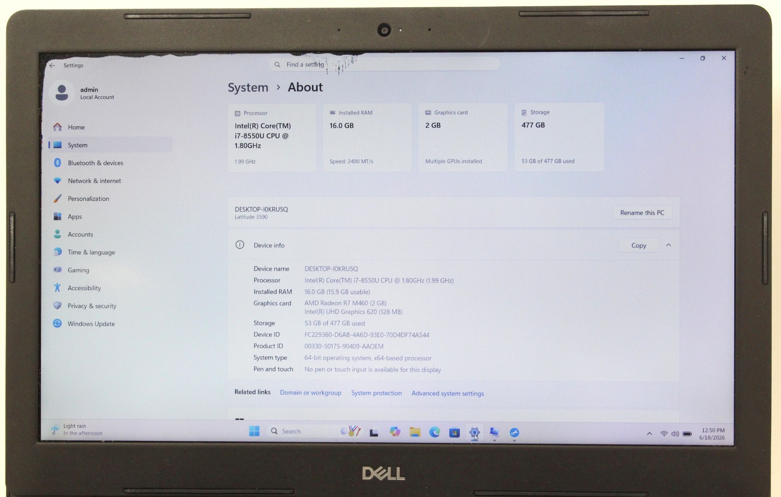 Dell Latitude 3590 15.6″ 1.8GHz i7-8550U 512GB SSD 16GB RAM Win 11 Pro ; 6175482