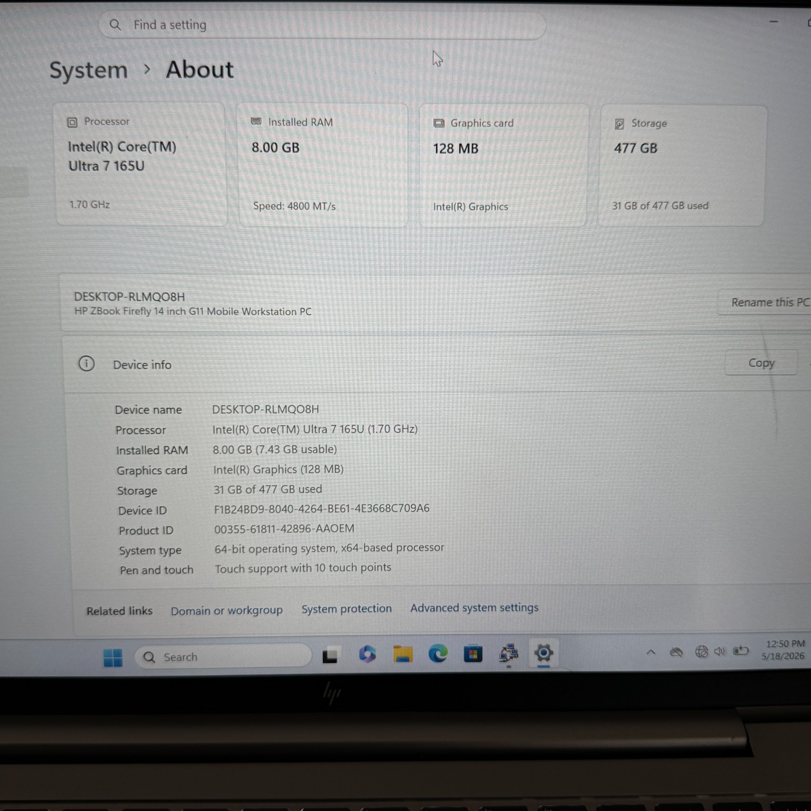 HP ZBook Firefly 14 G11 Ultra 7 165U 512GB SSD 8GB DDR5 Windows 11 Pro 83% Bat
