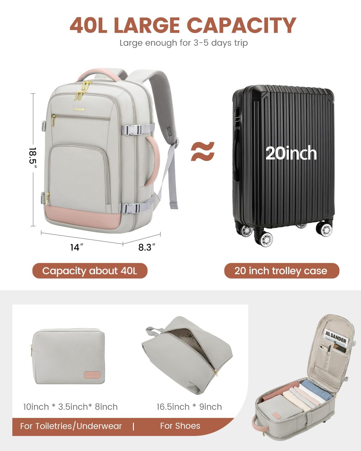 LOVEVOOK 40L Travel Backpack Women Carry On Flight Approved TSA 17″ Laptop