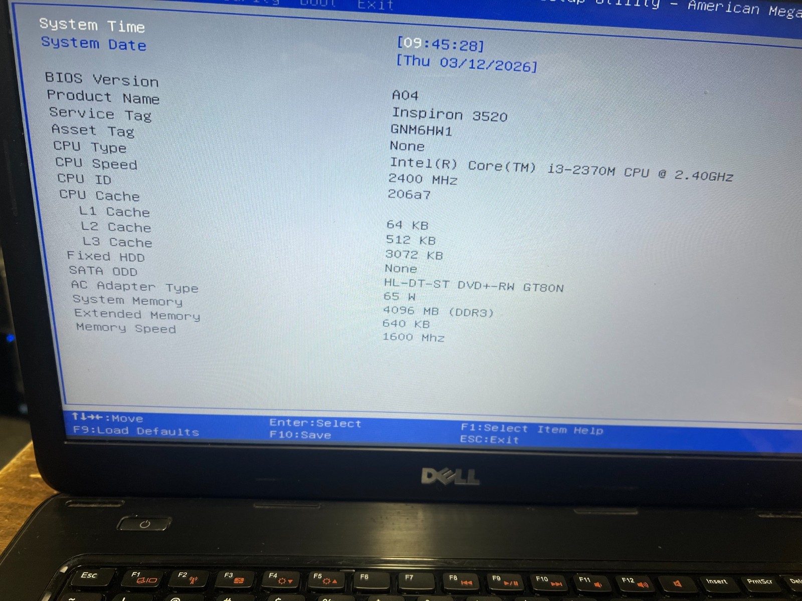 Dell Inspiron 3520 15.5″ i3 -2370M CPU 2.40 GHz 4.00 GB RAM No OS No HDD