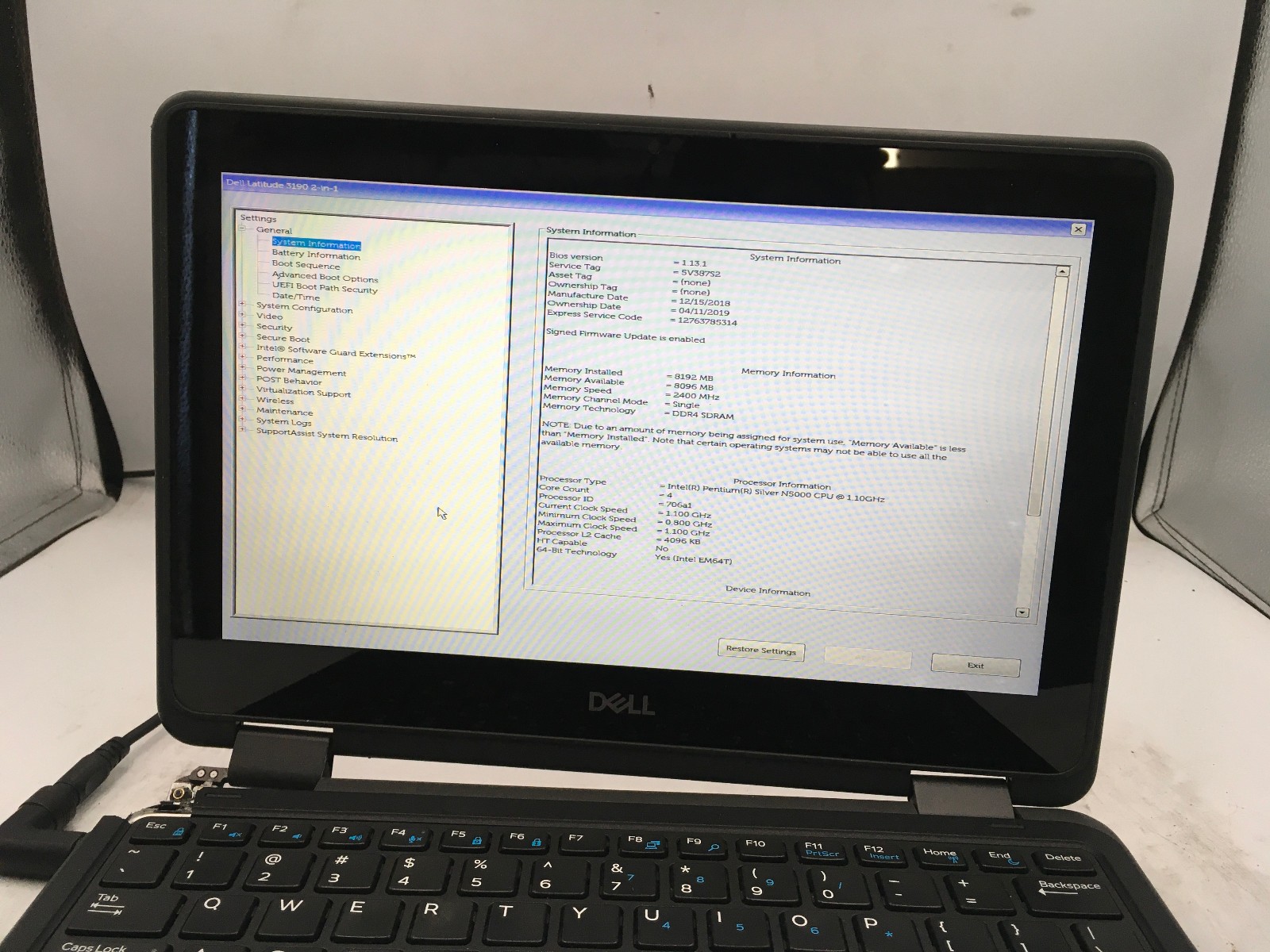 DELL LATITUDE 3190 -BOOTS TO BIOS- INTEL PENTIUM SILVER N5000 – 8GB RAM -READ-BB