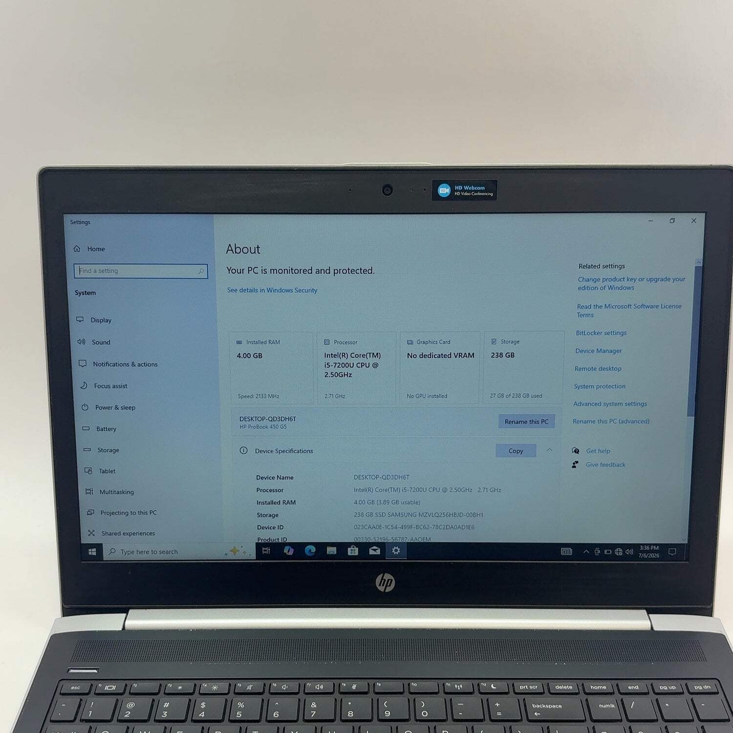 HP ProBook 450 G5 15.6″ i5-7200U 2.5GHz 4GB RAM 238GB SSD