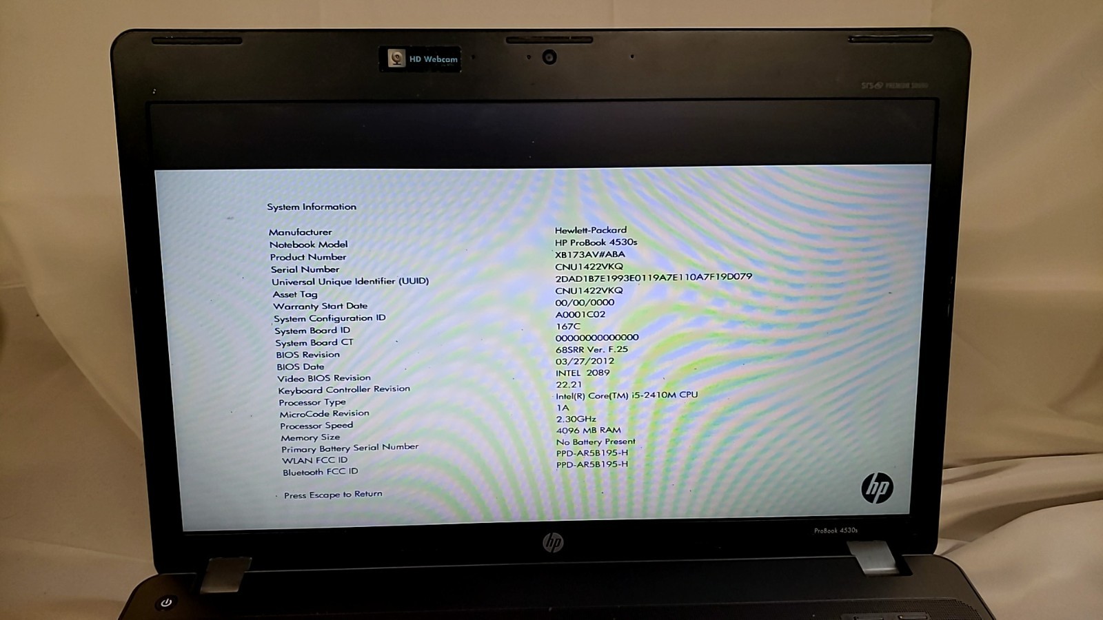 HP ProBook 4530s Laptop i5-2410M 2.30GHz 4GB RAM No HDD No Battery Silver