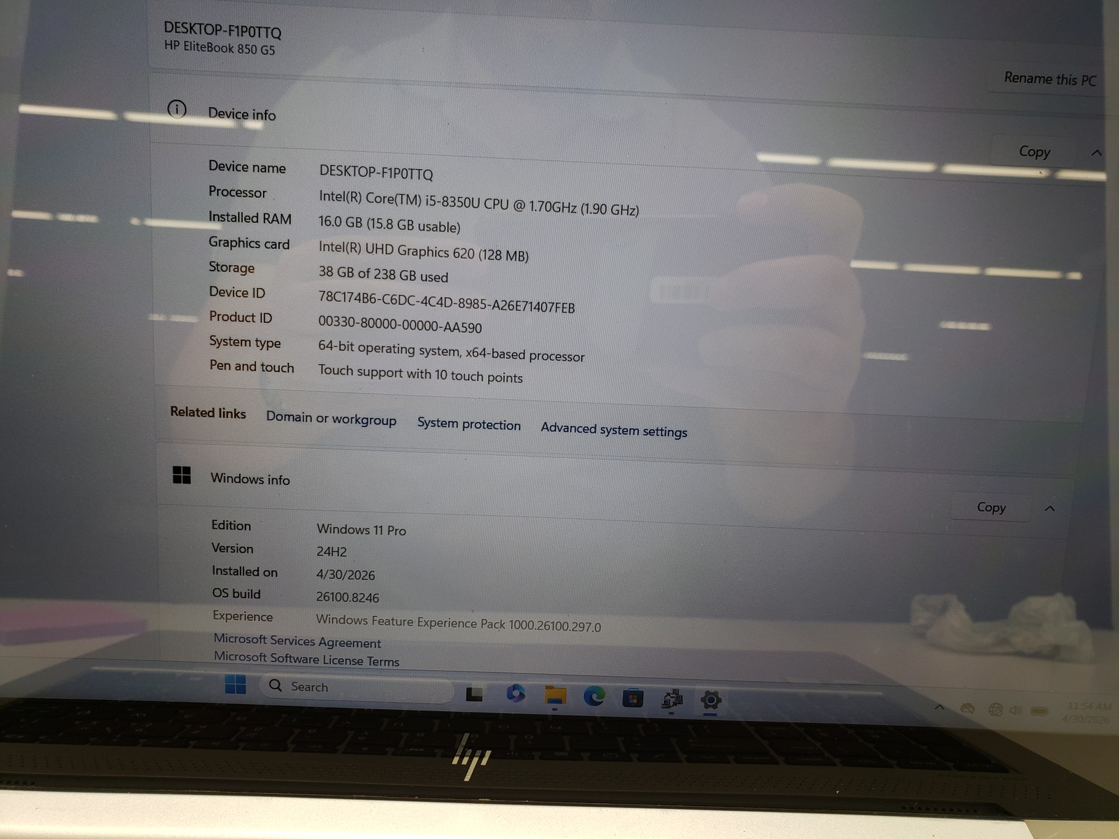 HP EliteBook 850 G5 i5-8350 16GB Ram 256GB SSD Touchscreen Backlit KB Win 11 Pro