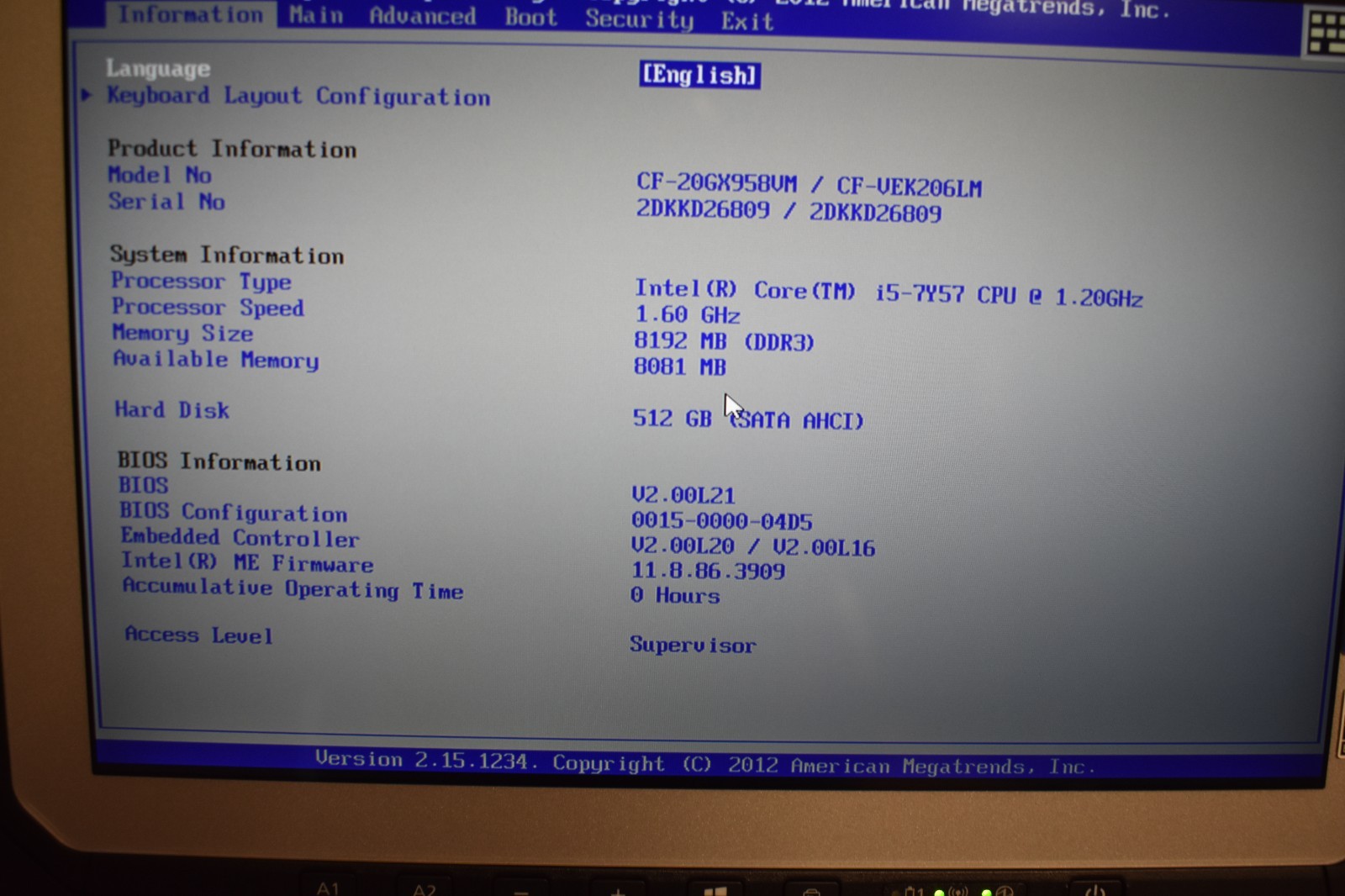 Panasonic Toughbook CF-20 1.6 GHz Core i5-7Y57 @ 1.2GHz 8GB 512GB Win10 Hours 0