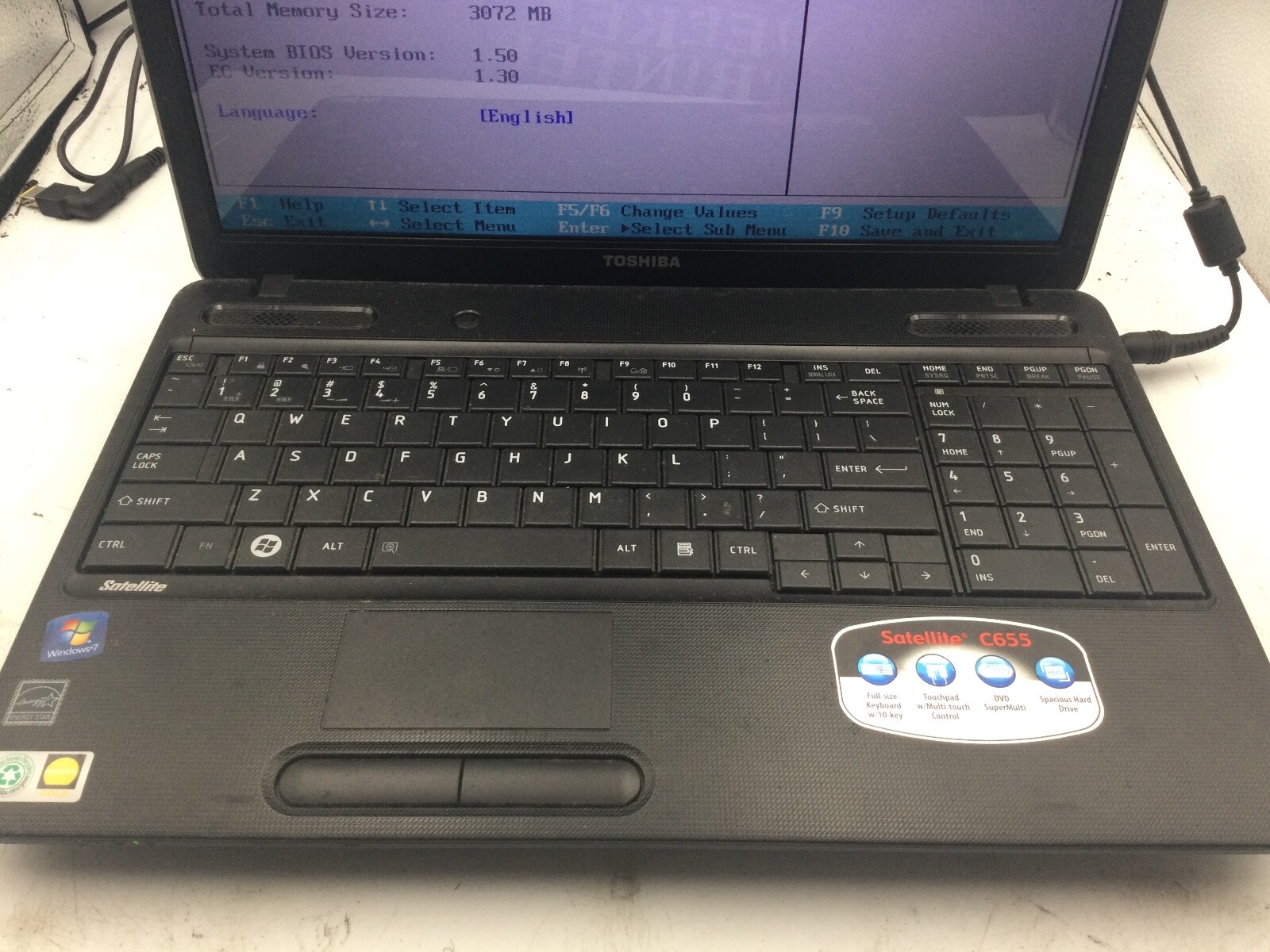 TOSHIBA SATELLITE C655D – BOOTS TO BIOS – AMD E 350 – 3GB RAM – 15″ – READ – BB!