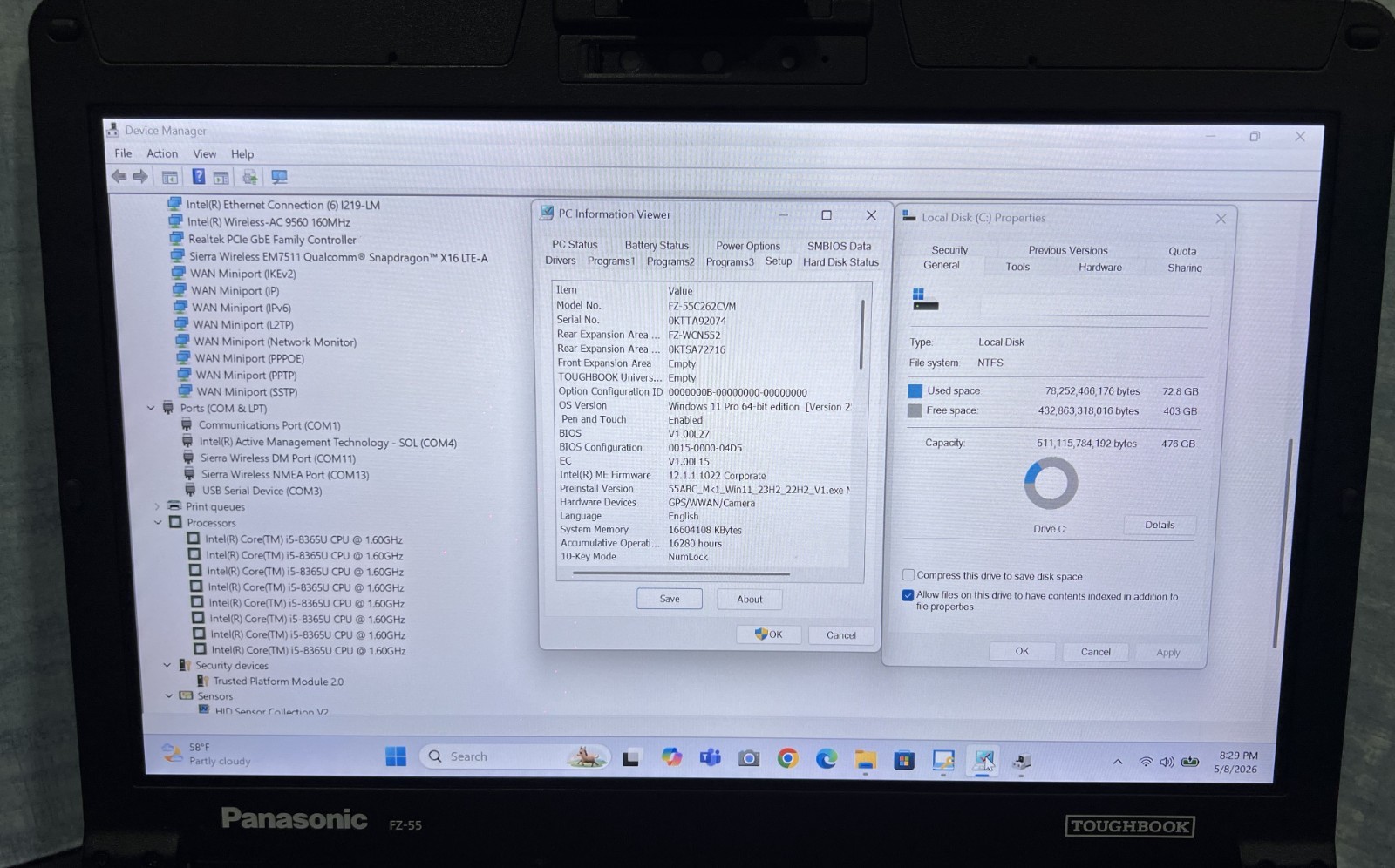 FZ-55C262CVM i5-8365U, 512GB SSD,16GB Mem,VGA,HDMI, GPS, Touchscreen,Win11 25H2.