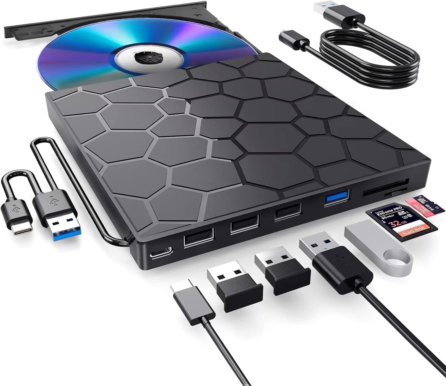 External CD DVD Drive 8-in-1 USB 3.0 Burner Player USB-C SD Card Hub Mac Windows