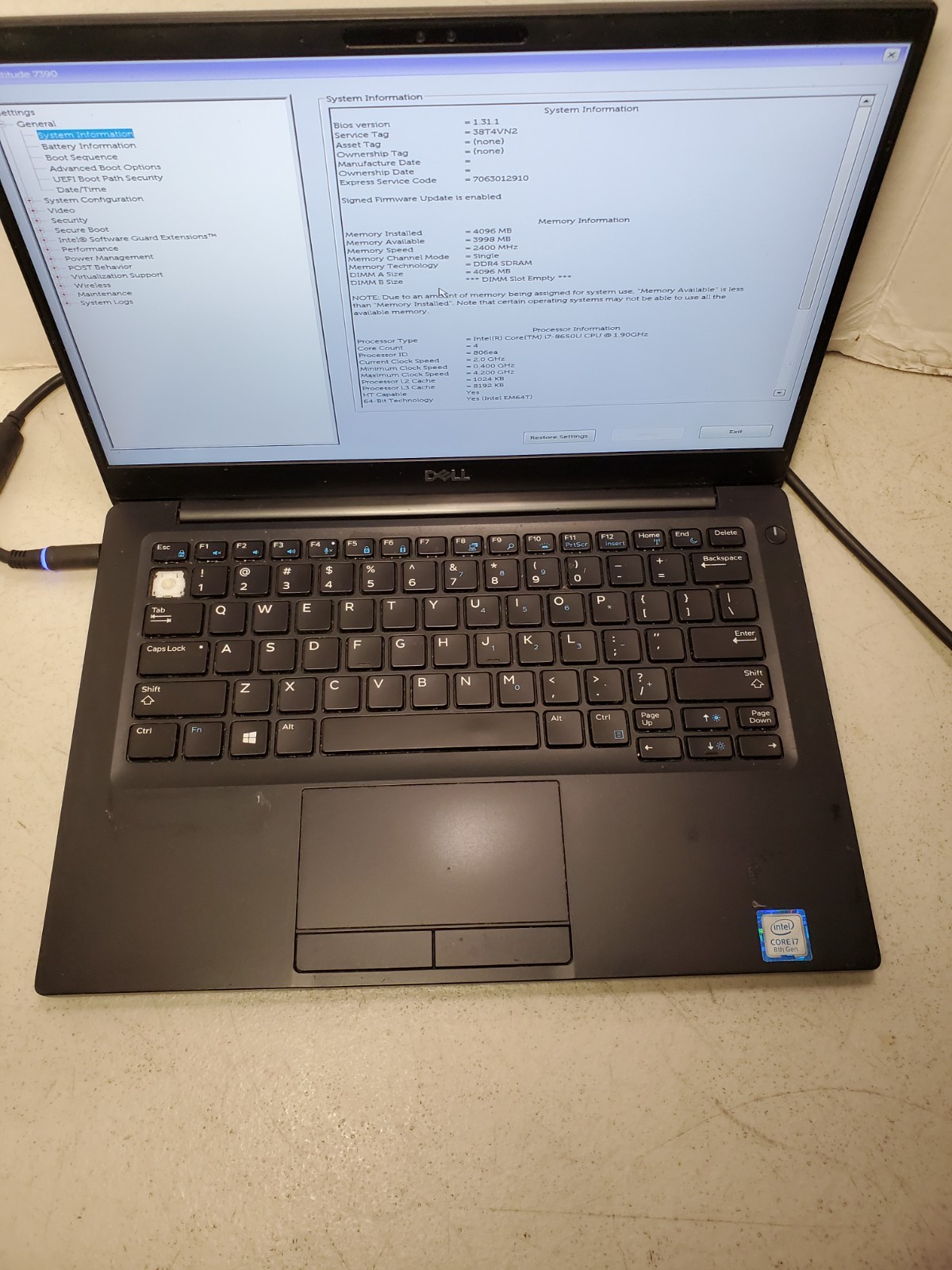 Dell Latitude 7390 12.5” i7-8650U 1.9GHz 4GB RAM No SSD/OS! READ! #69