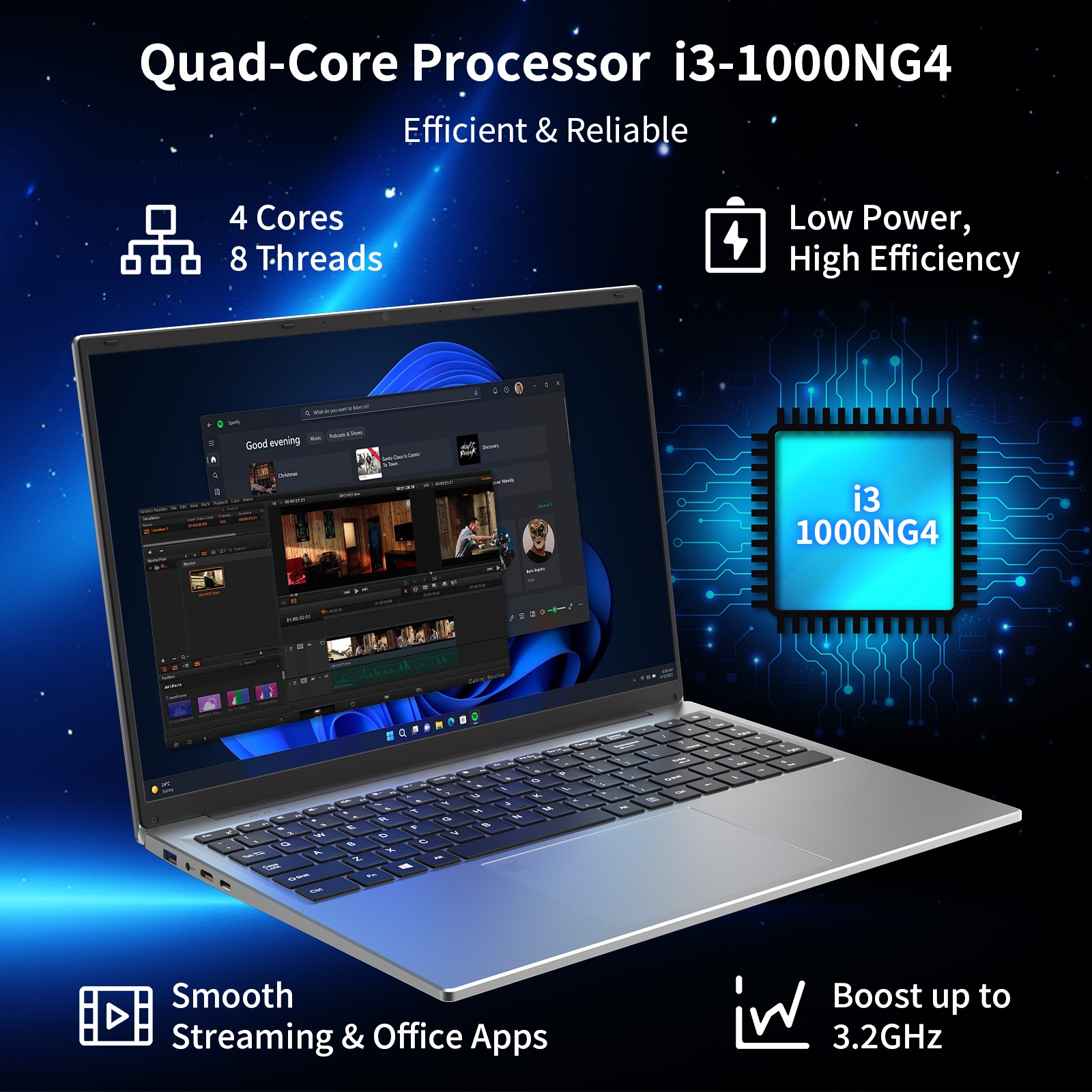 Auusda 16″ Slim Laptop i3 1000NG4 16GB RAM 1TB SSD Win 11 Pro Notebook Computer
