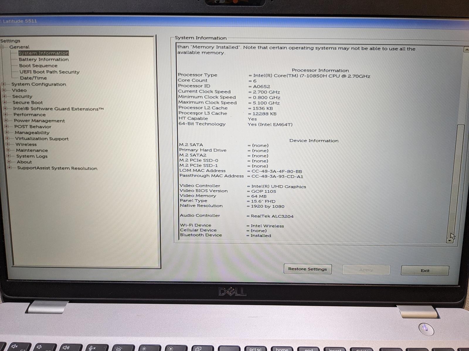DELL LATITUDE 5511 i7-10850H @ 2.70 GHz, 8GB RAM, NO HDD/OS