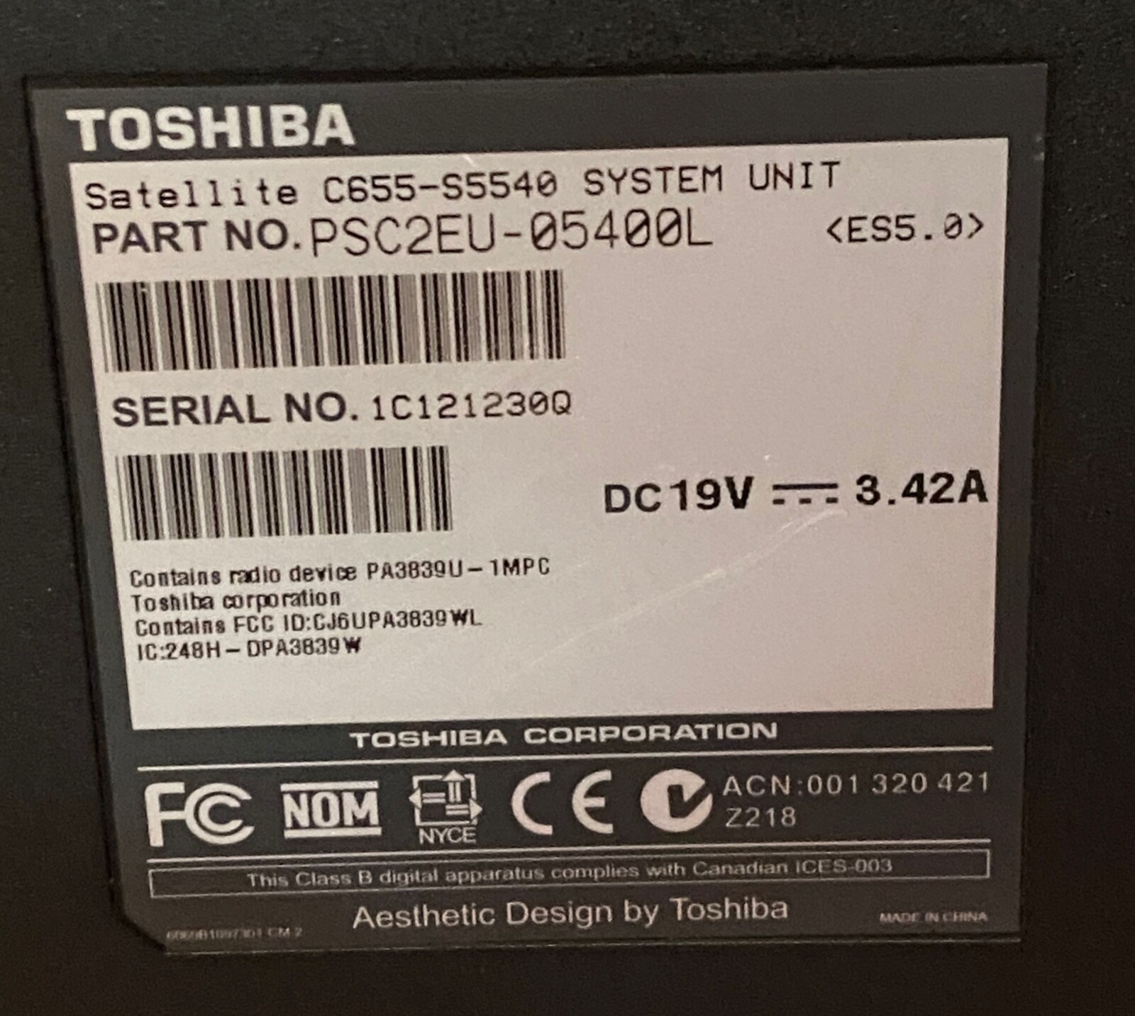 Toshiba Satellite C655 Laptop_Intel Pentium B960 CPU @ 2.20 GHz_4GB RAM_620GB HD