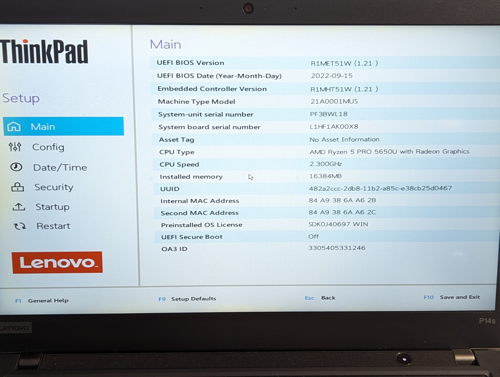 Lenovo ThinkPad P14s Gen 2 AMD Ryzen 5 PRO 2.3GHZ 16GB 256GB SSD Grade D