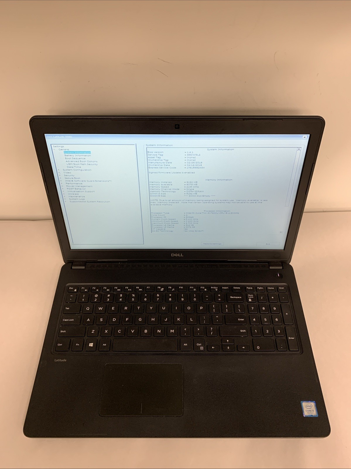 Dell Latitude 3580 15.6″ Laptop i5-7200U 8GB RAM NO HDD | Boot To Bios