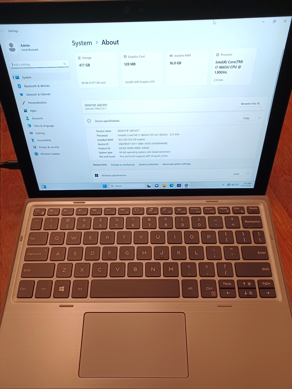 Dell Latitude 7200 2-in-1 i7-8665U 16GB RAM 512GB SSD. No AC Adapter