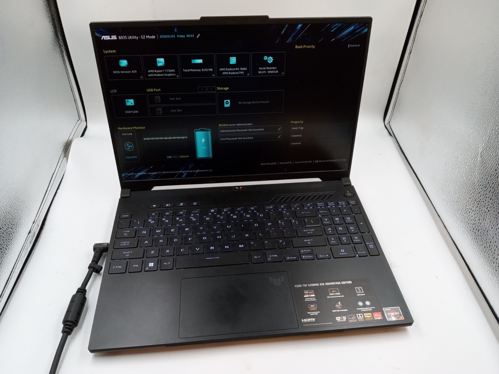Asus TUF Gaming A16 FA617NS 15.6″ AMD Ryzen 7 7735HS Radeon RX 7600S BOOTS READ