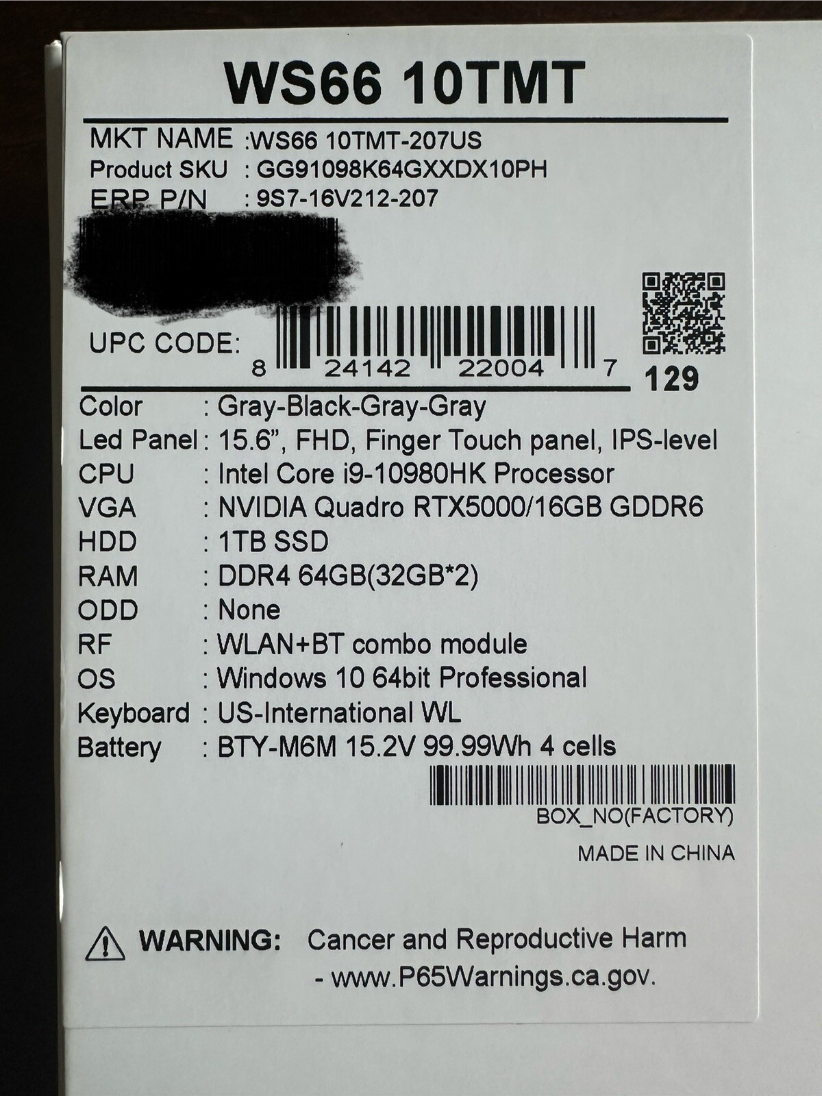 MSI LAPTOP WS66-10TMT-207US RTX 5000 W/16GB VRAM | 64GB RAM | 1TB SSD