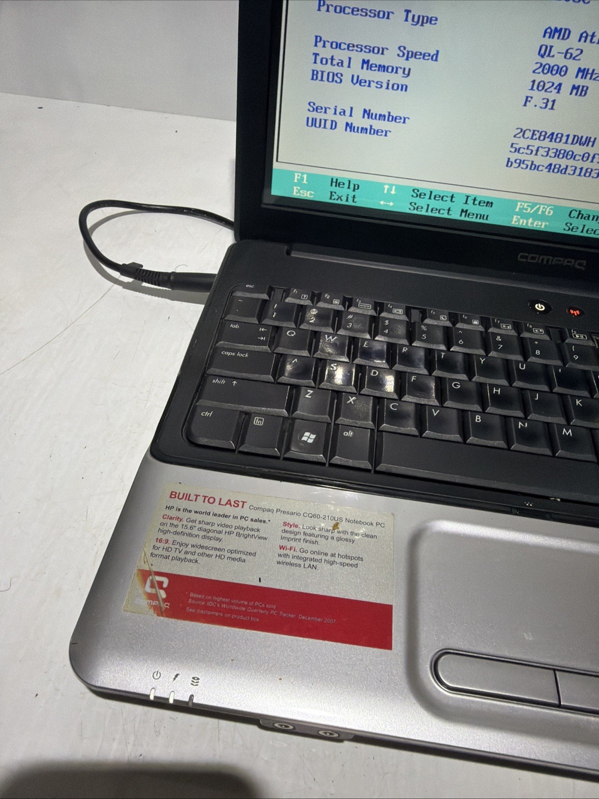 Compaq Presario CQ60 15″ Laptop AMD Athlon QL-62 1gb Ram No Drives Boots Bios