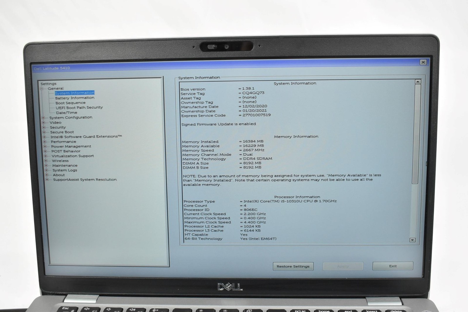 Dell Latitude 5410 Laptop i5-10310U 1.7GHz 16GB 256GB SSD 14″ No OS *See Issues*