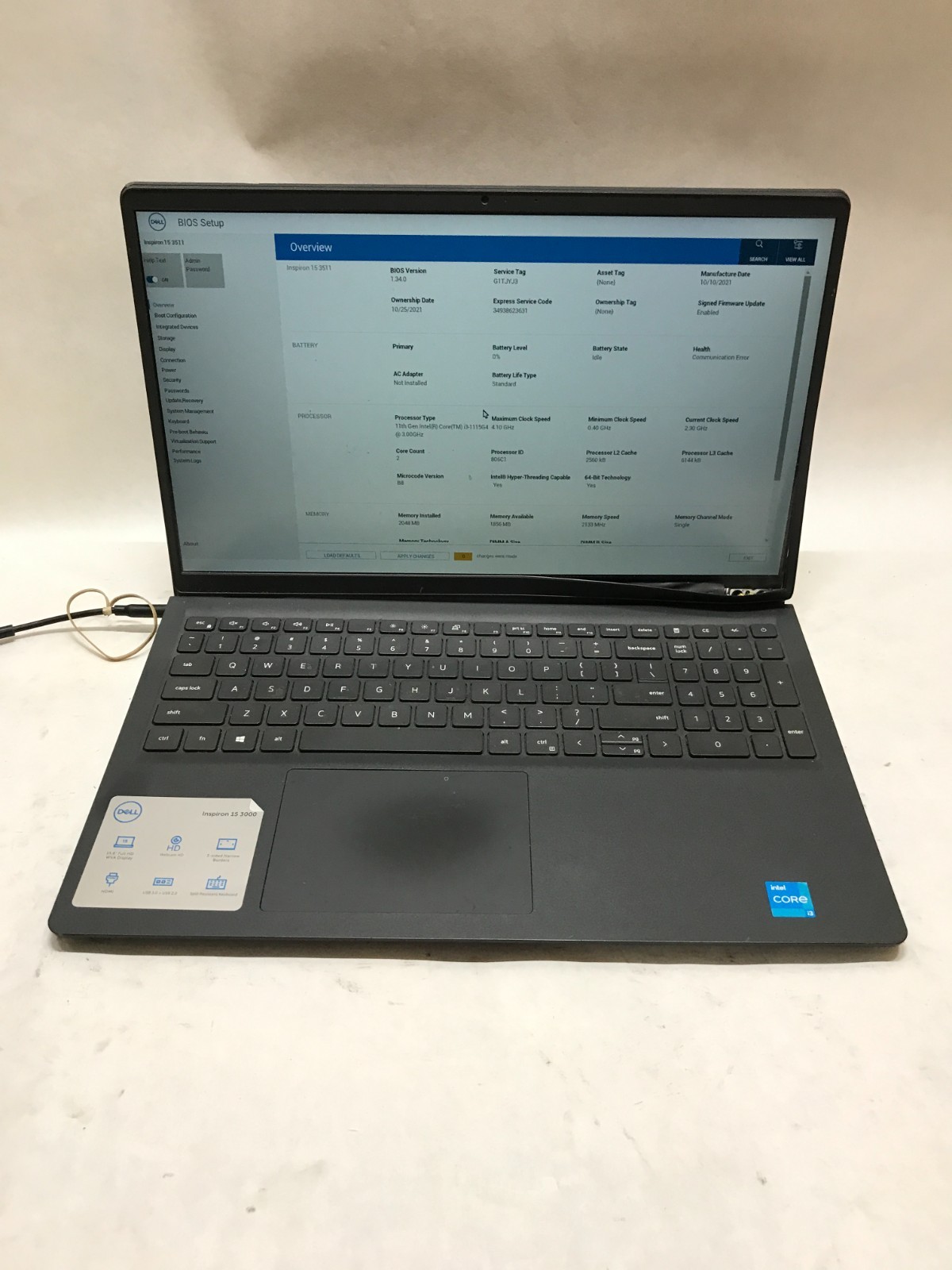 Dell Inspiron 15 3511 15″ Intel Core i3 11th Gen NO RAM NO SSD/OS For Parts – DW