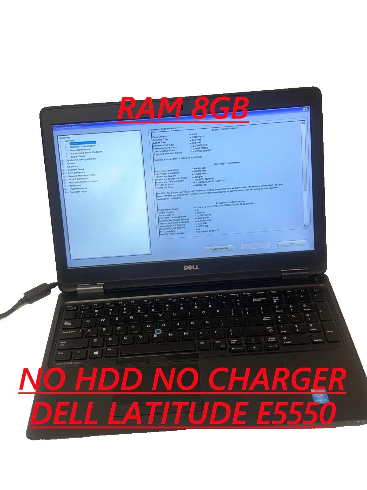 DELL LATITUDE E5550 I5-5300U 2.30GHz NO HDD NO CHARGER LAPTOP