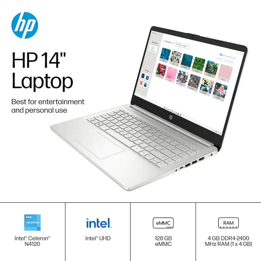 HP 14″ HD DISPLAY LAPTOP DQ0760DX, NATURAL SILVER *DISTRESSED PKG