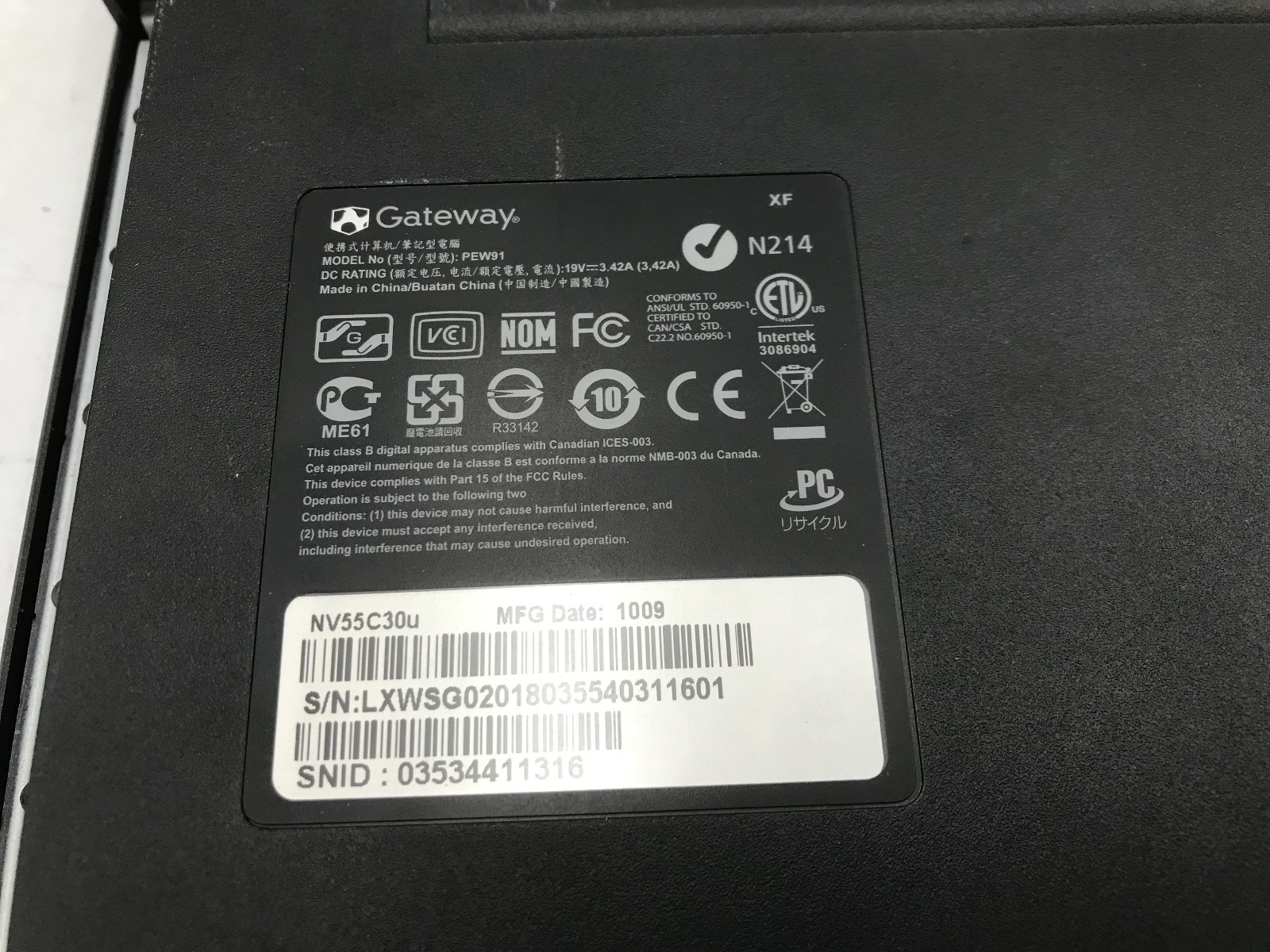GATEWAY NV55C30U PEW91 – BOOTS TO BIOS – INTEL I5 460M – 2GB RAM – READ DESC -BB