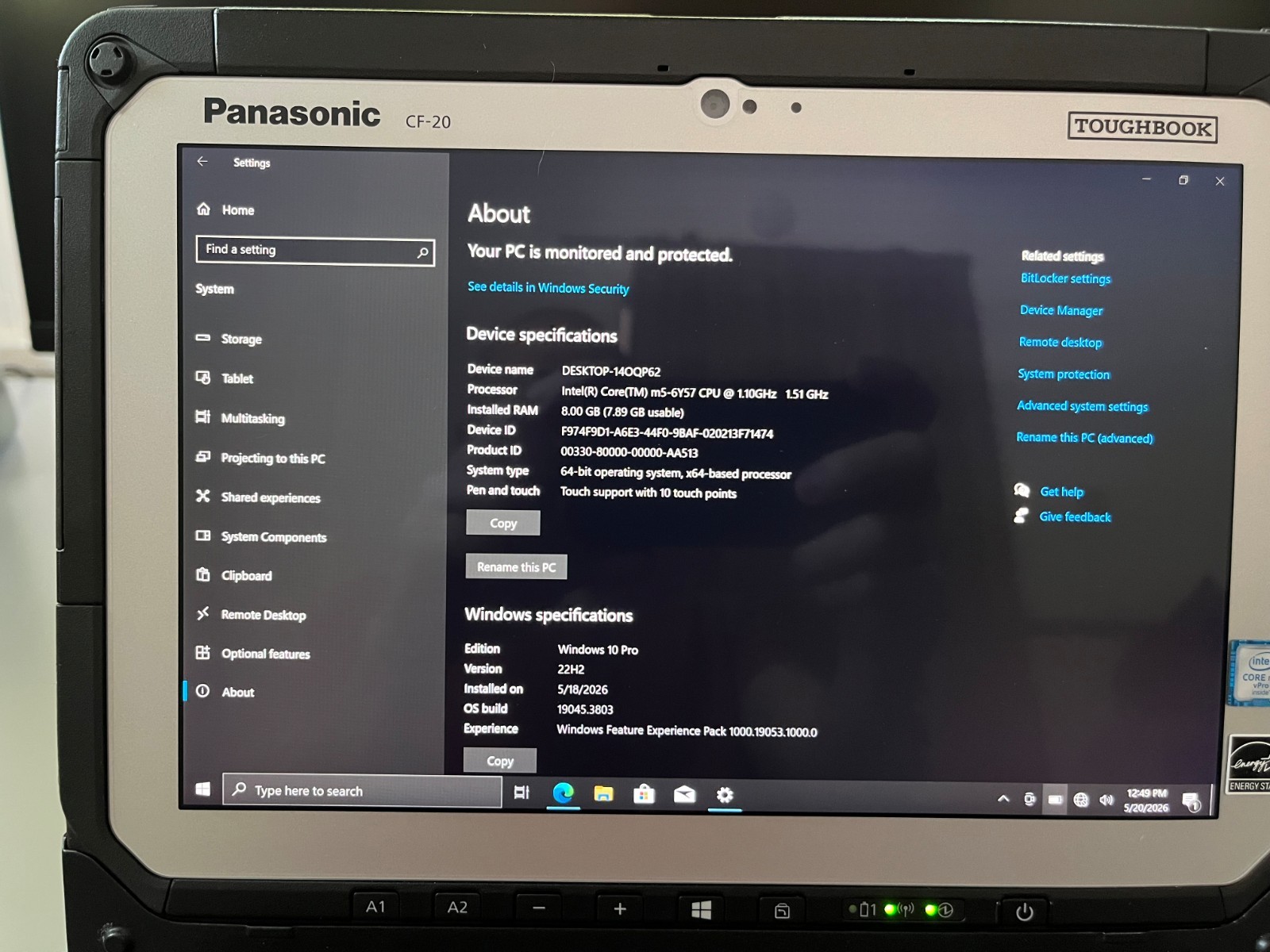 Panasonic Toughbook CF-20, MK1, 128GB, 8GB, Touchscreen 1330 Hours