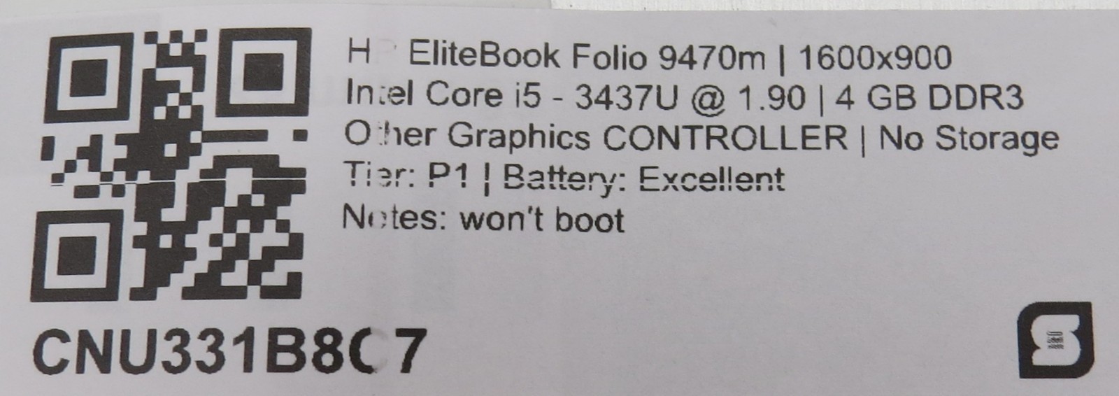 HP EliteBook Folio 9470m i5-3437U @ 1.9Ghz 4GB DDR3 14″ No HDD/OS/AC
