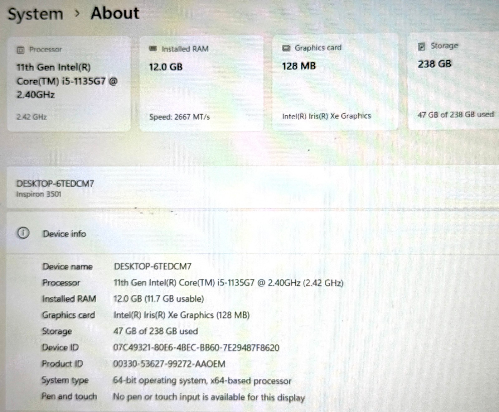 Dell Inspiron 15 3501 15.6″ 2.4GHz Core i5-1135G7 12GB RAM 256GB SSD Win. 11 Pro