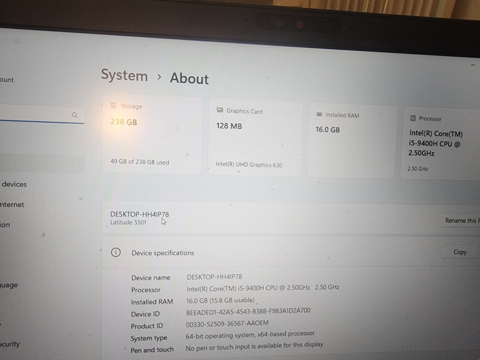 Dell Latitude 5501 15.6 Black FHD i5-9400H 2.5GHz 16GB 256GB SSD Good